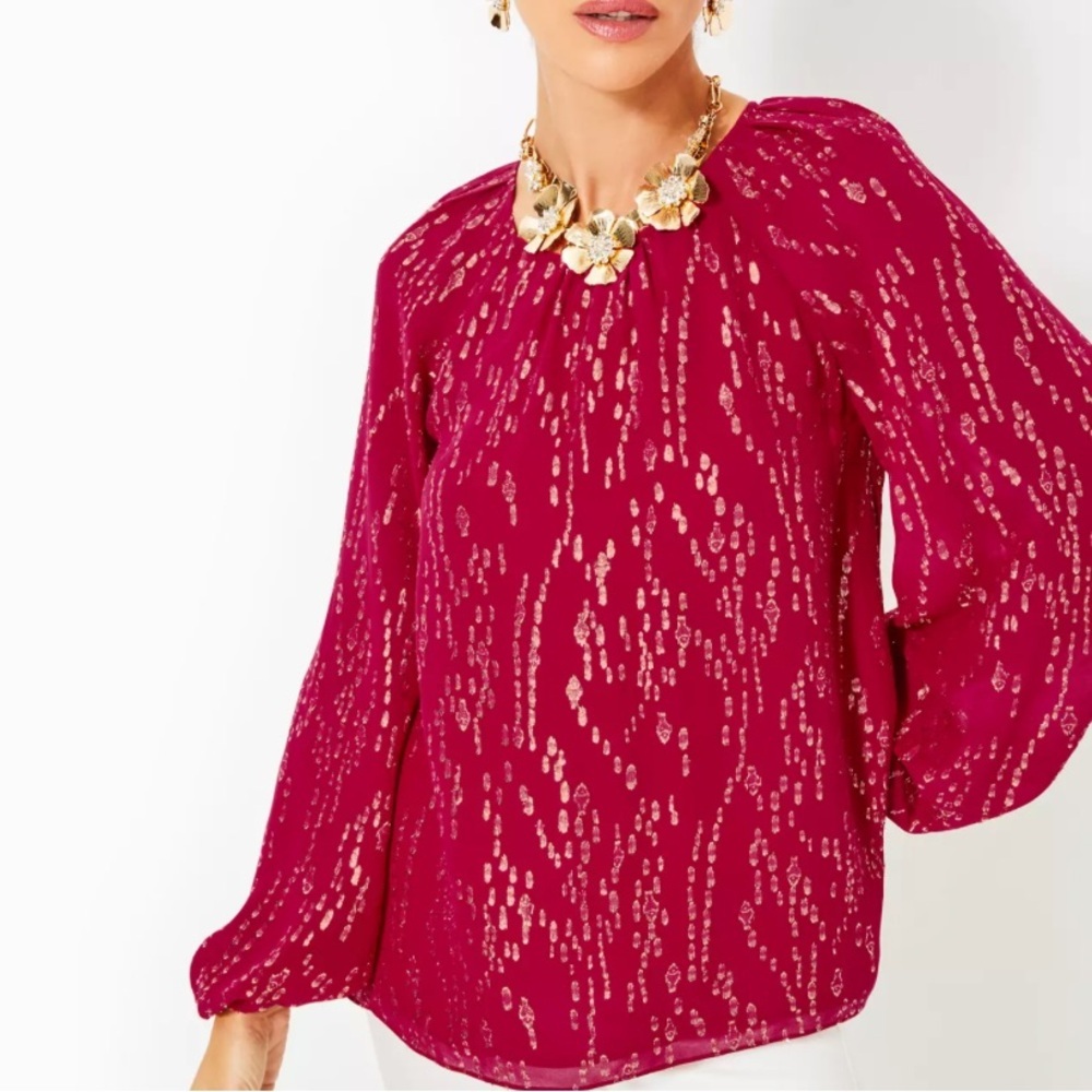 NWT Lilly Pulitzer Noraleen Silk Top Long Sleeved Metallic Red Women’s XS
